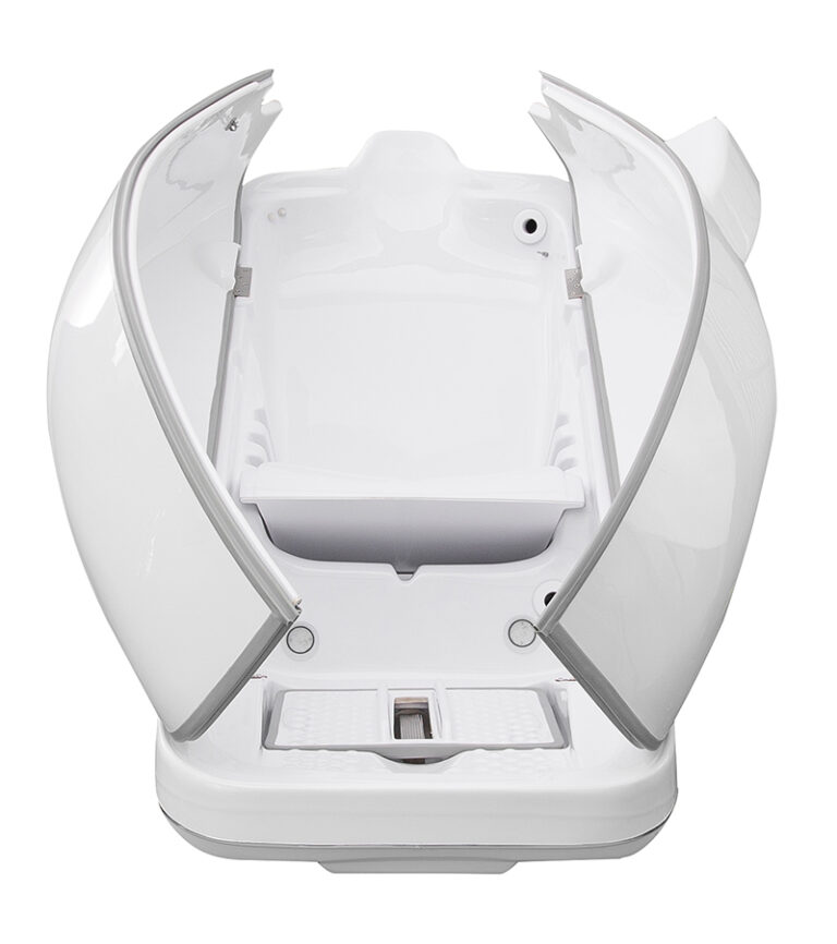 HOCATT ozone steam sauna with open doors, designed for detoxification and wellness treatments, emphasizing relaxation and health benefits.