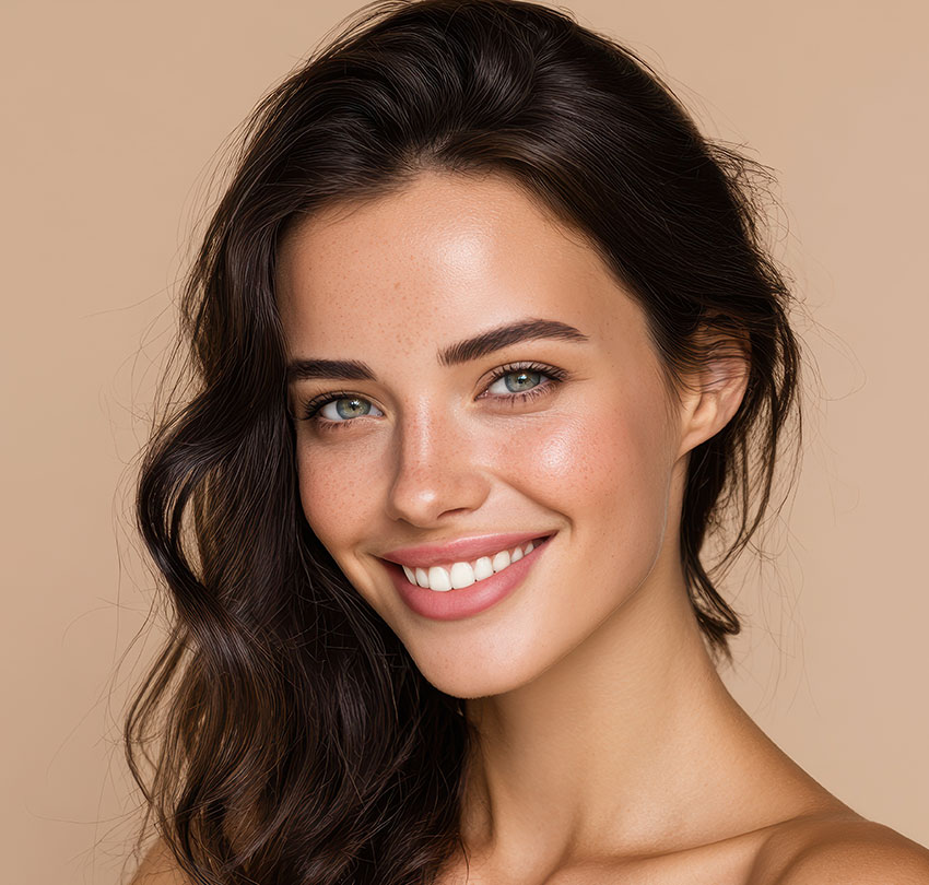 Smiling woman with clear skin and natural makeup, showcasing facial aesthetics and confidence in appearance, reflecting the services offered by Biodental Health and Longevity in Pensacola.